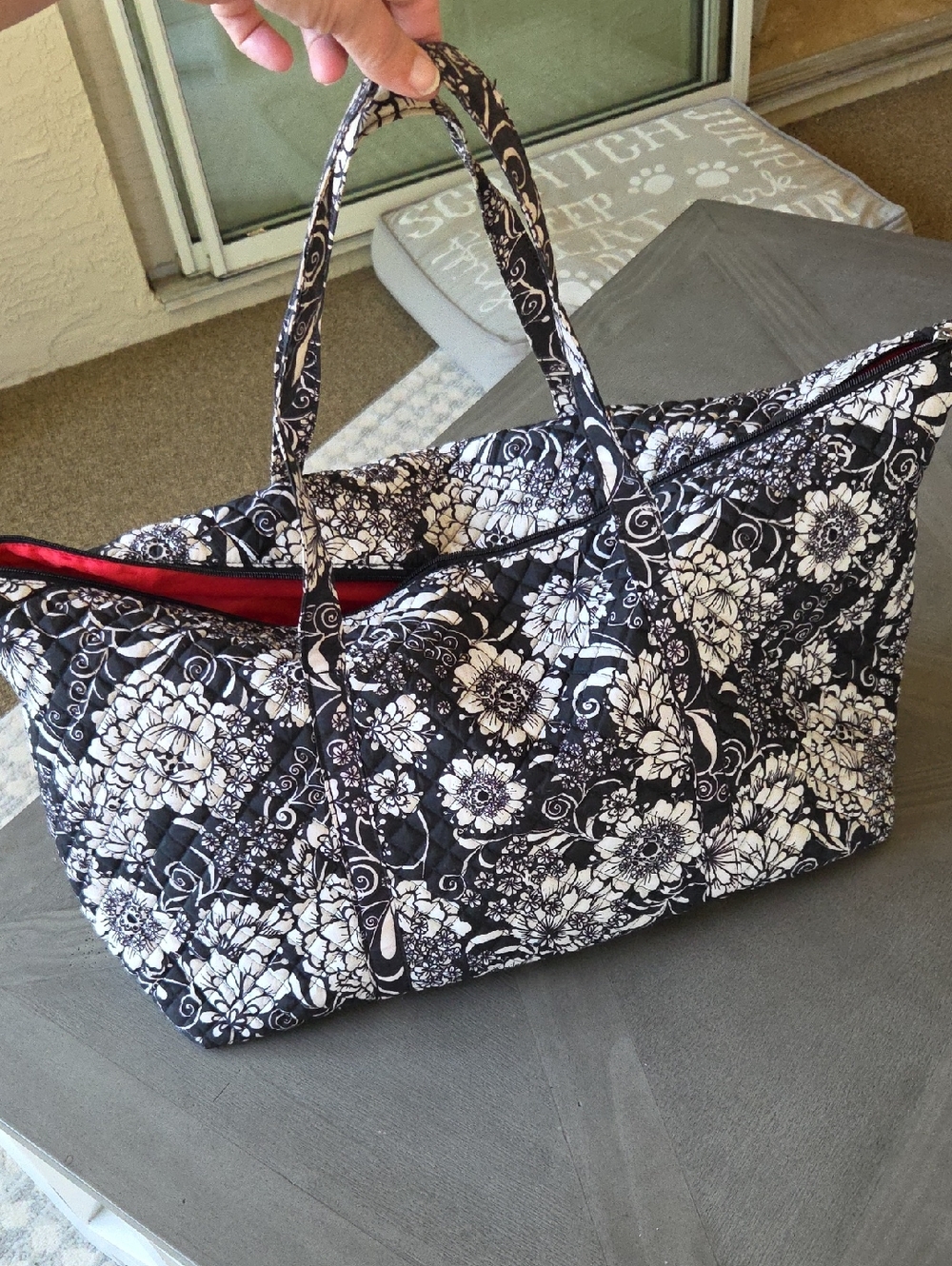 Large Quilted Black & White Floral Tote Bag with Red Interior